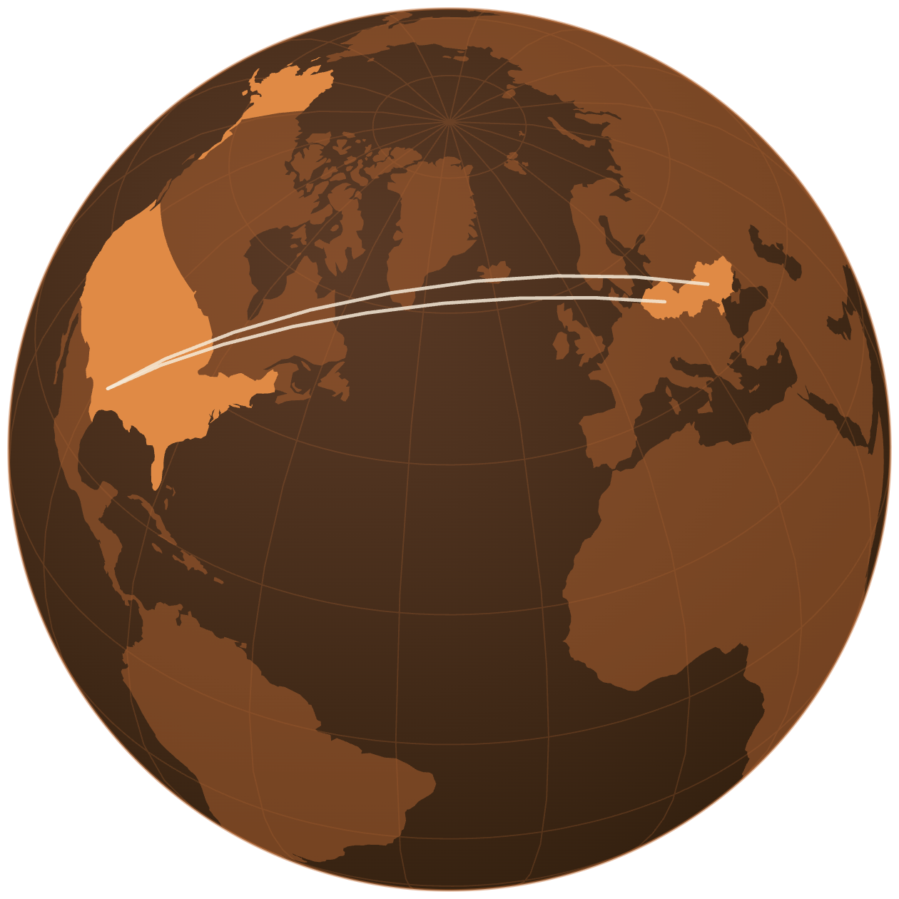 A globe showing the studio's working locations in the United States, Poland and Ukraine, connected by flight paths